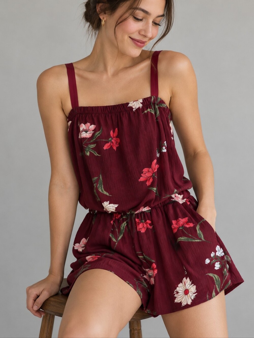 Hollister Burgundy Floral Strappy Romper Smocked Waist Womens Size XS